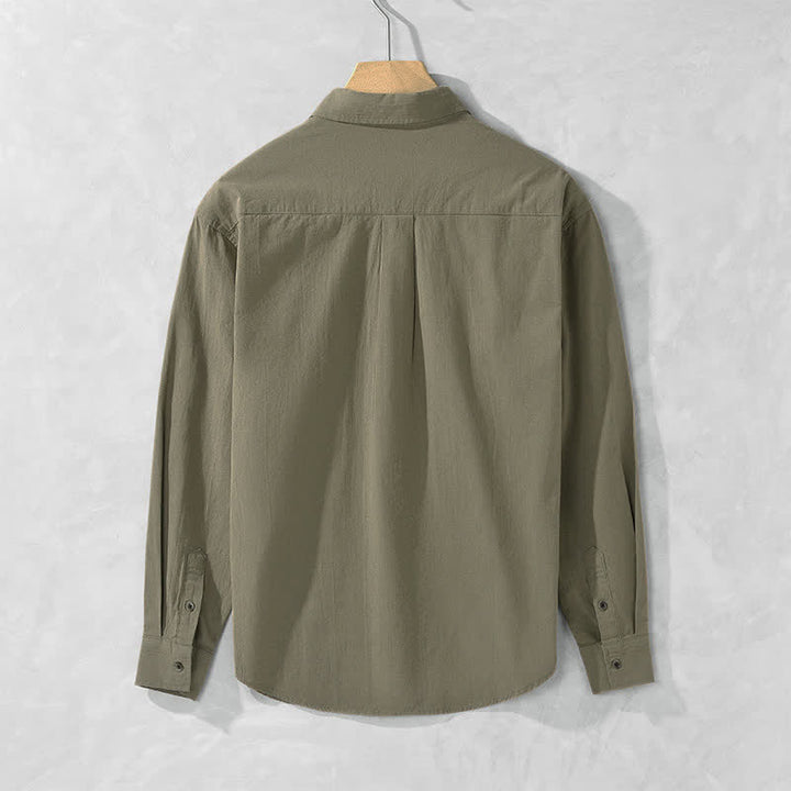 Buddha Stones Spring Fall Casual Button-Up Solid Cotton Men's Long Sleeve Shirts With Patch Pocket - image 5