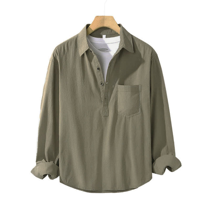 Buddha Stones Spring Fall Casual Button-Up Solid Cotton Men's Long Sleeve Shirts With Patch Pocket - image 2