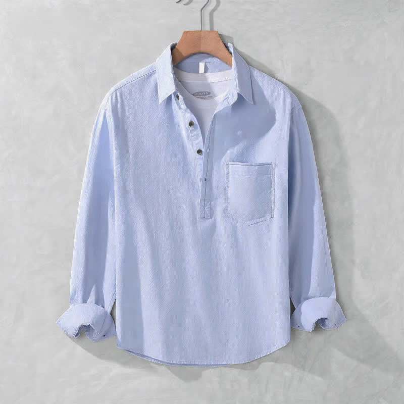 Buddha Stones Spring Fall Casual Button-Up Solid Cotton Men's Long Sleeve Shirts With Patch Pocket - LightSkyBlue - US/UK/AU42, EU52 (3XL) - image 10