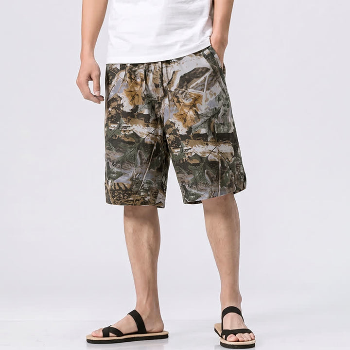Buddha Stones Summer Casual Athletic Drawstring Camouflage Leaves Cotton Ramie Men's Shorts With Pockets - Gray - US/UK/AU44, EU54 (4XL) - image 0