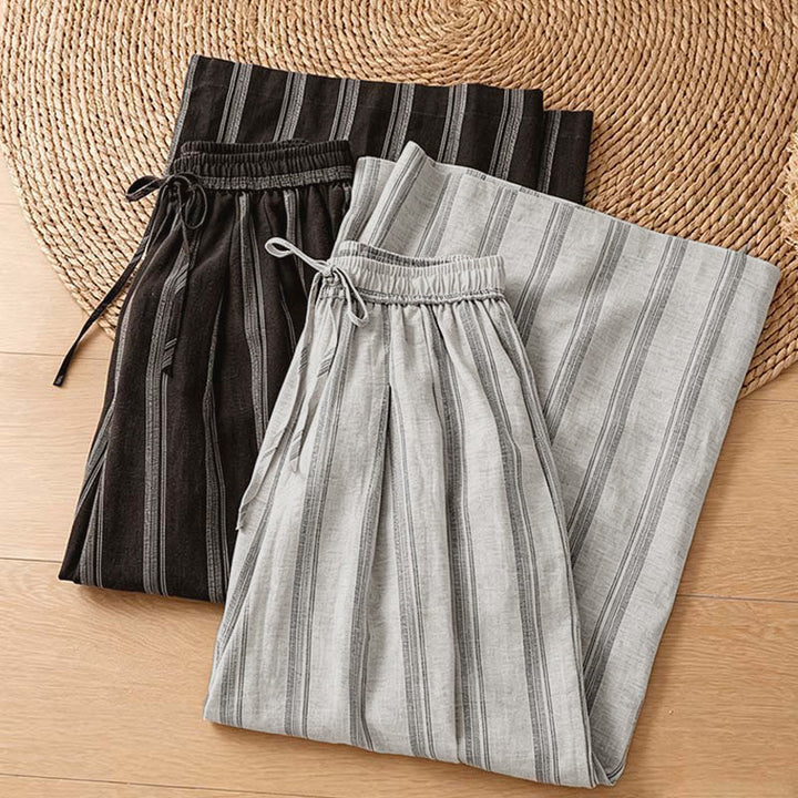 Buddha Stones Spring Summer Casual Drawstring Striped Cropped Pants Women's Wide Leg Pants With Pockets - image 18