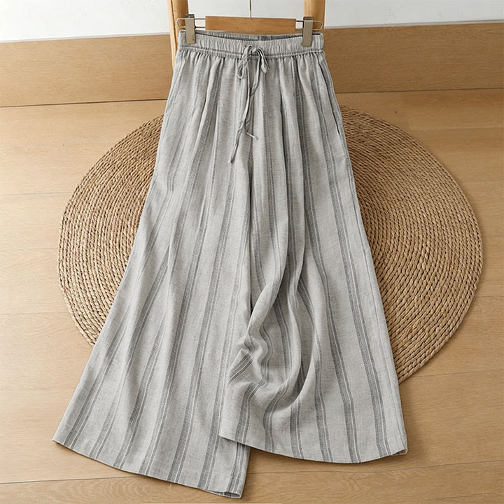 Buddha Stones Spring Summer Casual Drawstring Striped Cropped Pants Women's Wide Leg Pants With Pockets - Linen - US8-10, UK/AU12-14, EU40-42 (2XL) - image 0