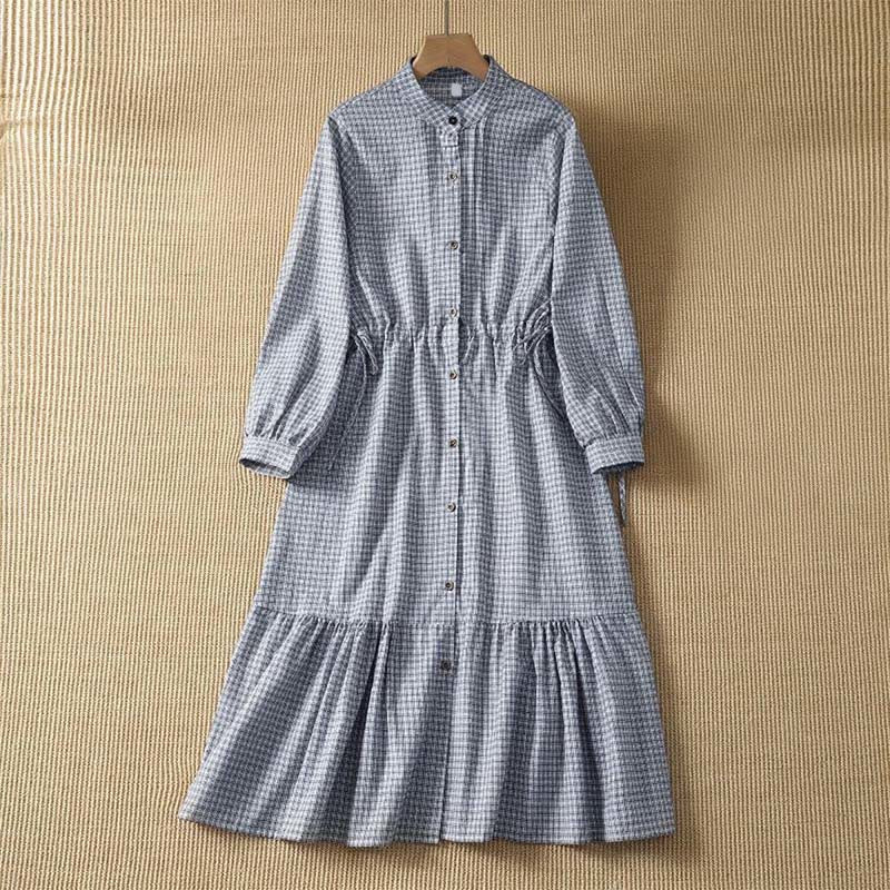 Buddha Stones Spring Casual Button-Up Plaid Women's Long Sleeve Dress - LightSteelBlue - US8-10, UK/AU12-14, EU40-42 (2XL) - image 0