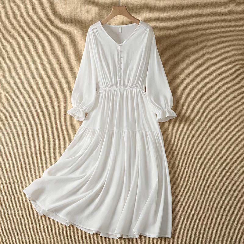 Buddha Stones Spring Boho Button-Up Solid Women's Long Sleeve Dress With Pocket - White - US8-10, UK/AU12-14, EU40-42 (2XL) - image 0
