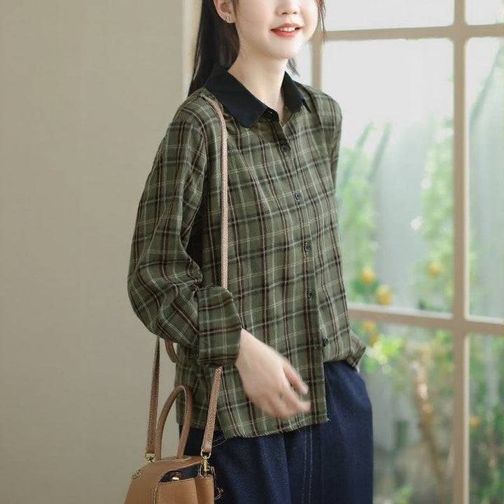 Buddha Stones Fall Casual Vintage Button-Up Contrast Collar Plaid Women's Long Sleeve Shirts - image 10