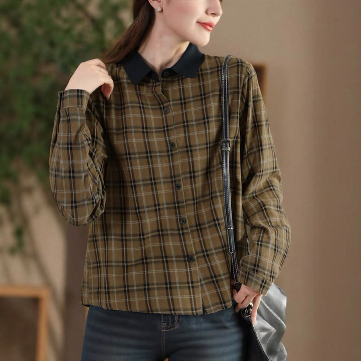 Buddha Stones Fall Casual Vintage Button-Up Contrast Collar Plaid Women's Long Sleeve Shirts - DarkKhaki - US8-10, UK/AU12-14, EU40-42 (2XL) - image 0