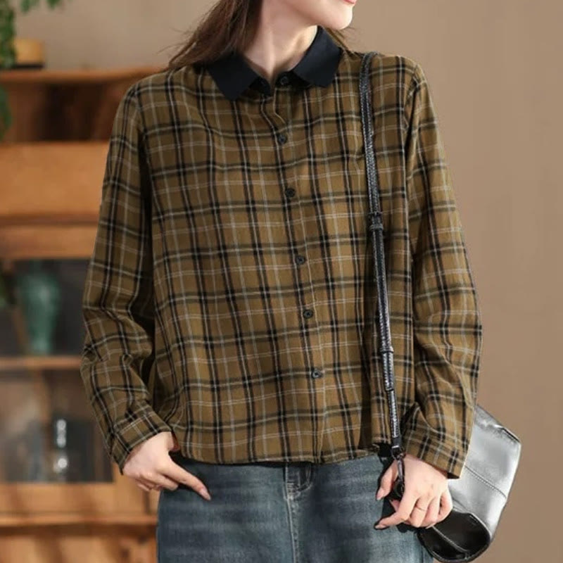 Buddha Stones Fall Casual Vintage Button-Up Contrast Collar Plaid Women's Long Sleeve Shirts - image 1