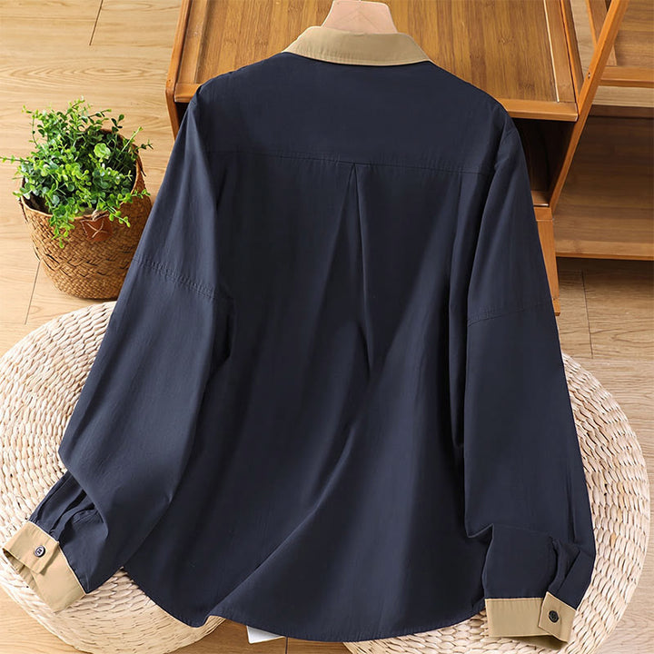 Buddha Stones Summer Casual Minimalist Solid Contrast Trim Women's Long Sleeve Shirts With Patch Pocket - image 1