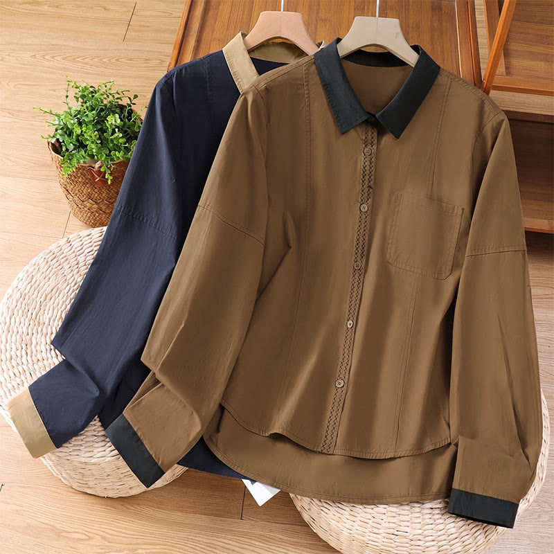 Buddha Stones Summer Casual Minimalist Solid Contrast Trim Women's Long Sleeve Shirts With Patch Pocket - image 19