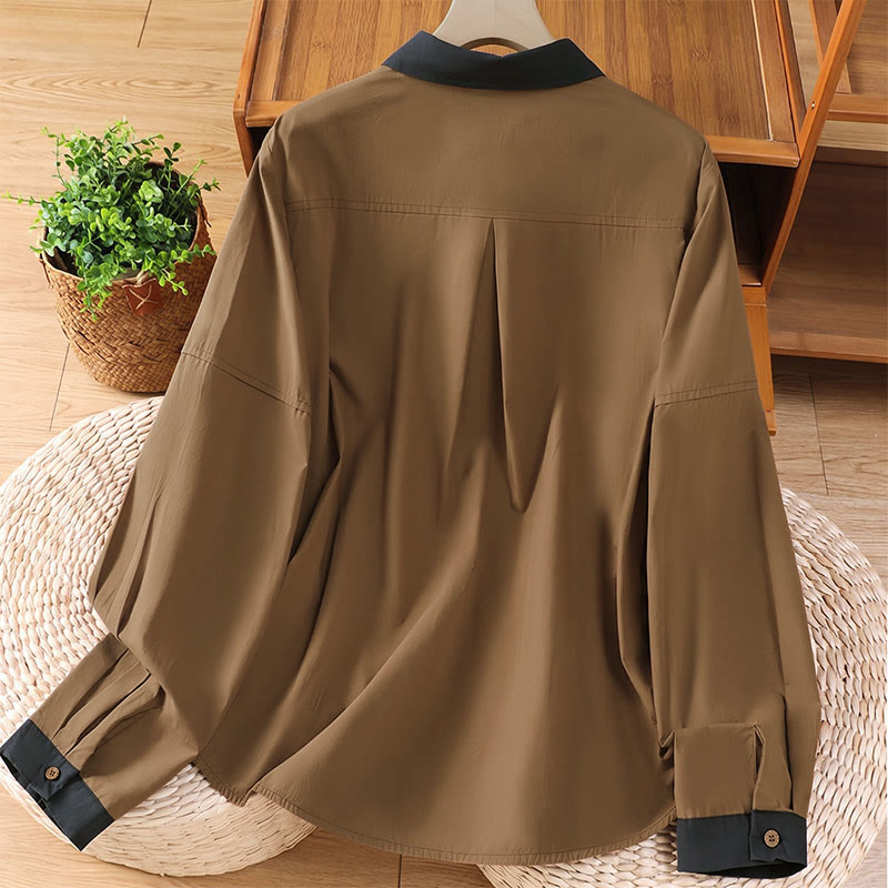Buddha Stones Summer Casual Minimalist Solid Contrast Trim Women's Long Sleeve Shirts With Patch Pocket - image 10