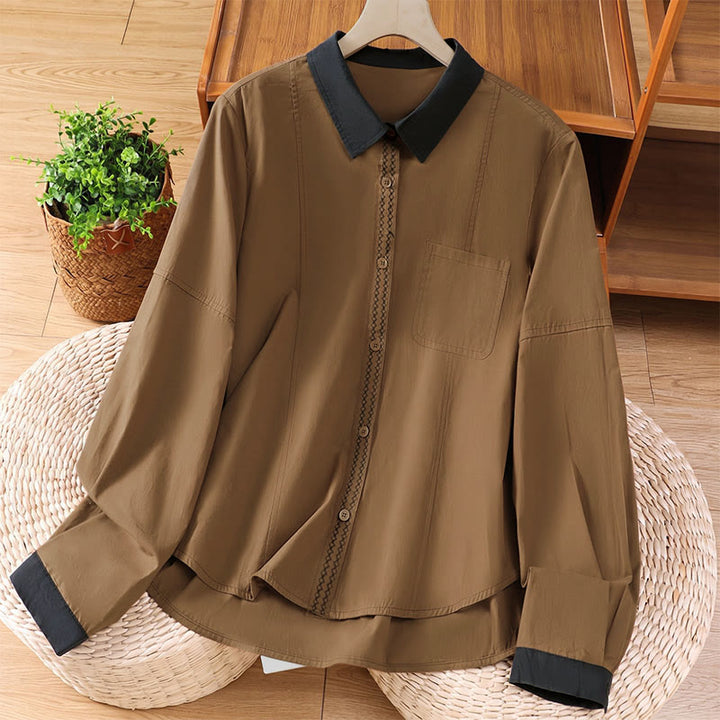 Buddha Stones Summer Casual Minimalist Solid Contrast Trim Women's Long Sleeve Shirts With Patch Pocket - Peru - US8-10, UK/AU12-14, EU40-42 (2XL) - image 9