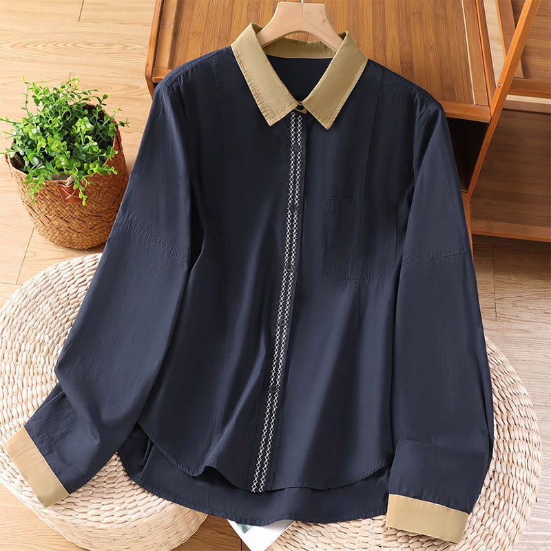 Buddha Stones Summer Casual Minimalist Solid Contrast Trim Women's Long Sleeve Shirts With Patch Pocket - MidnightBlue - US8-10, UK/AU12-14, EU40-42 (2XL) - image 0