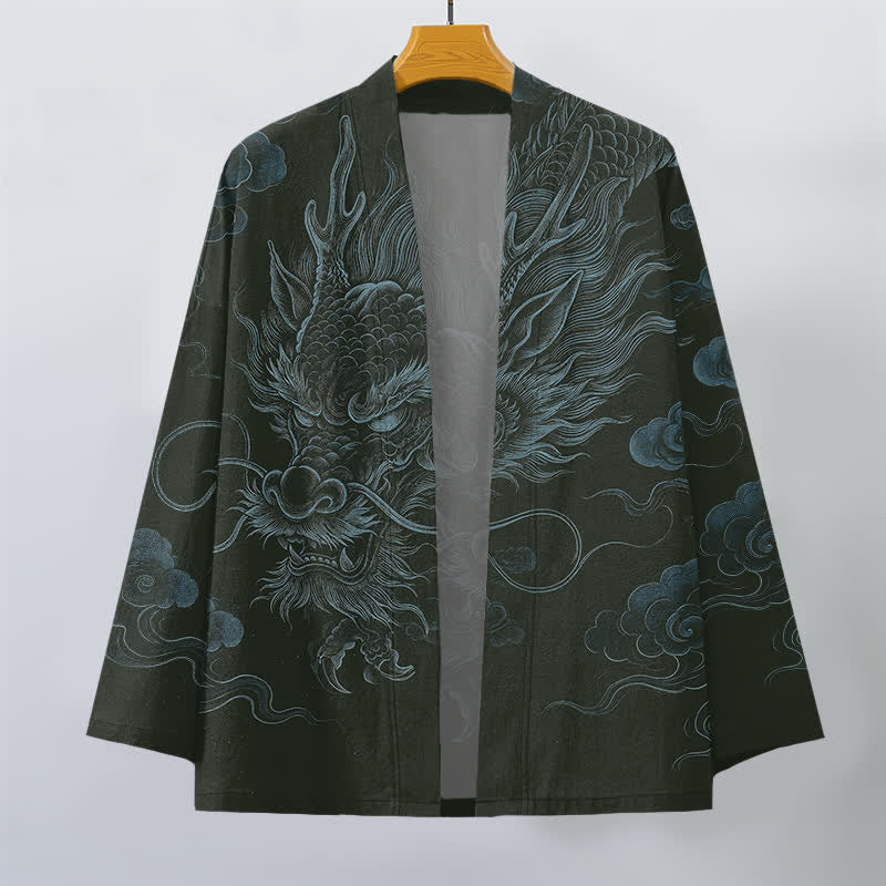 Buddha Stones Cotton Ancient Dragon Mist Pattern Open Front Men's Kimono - image 7