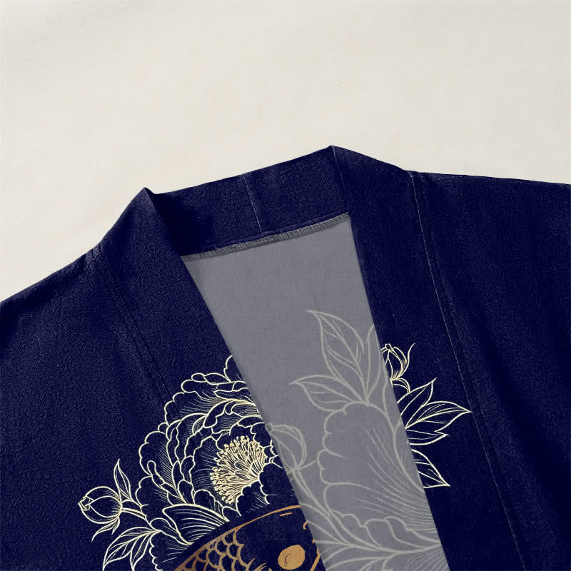 Buddha Stones Cotton Twin Koi Blossom Pattern Open Front Men's Kimono - image 3