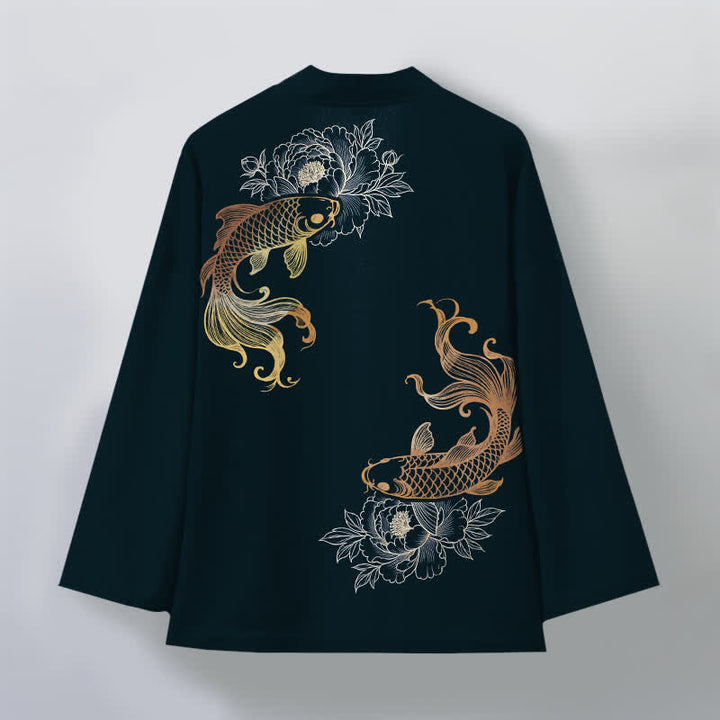 Buddha Stones Cotton Twin Koi Blossom Pattern Open Front Men's Kimono - image 11