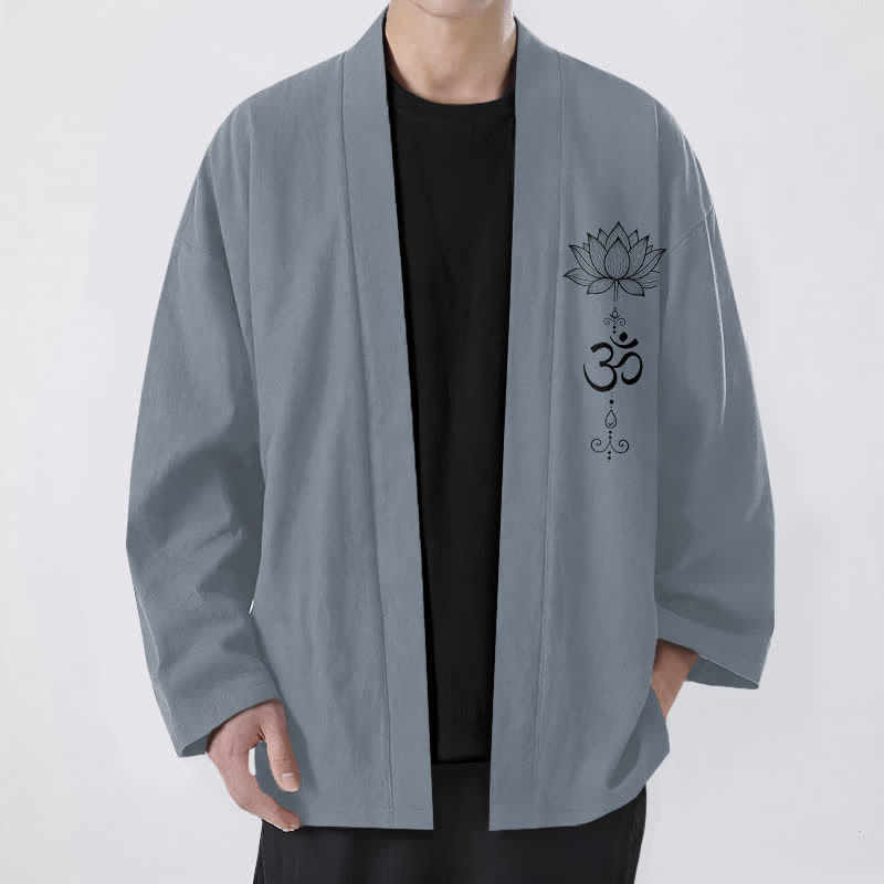 Buddha Stones Cotton Zen Lotus Pattern Open Front Men's Kimono - SlateGray - US/UK/AU48，EU58 (4XL) - image 0