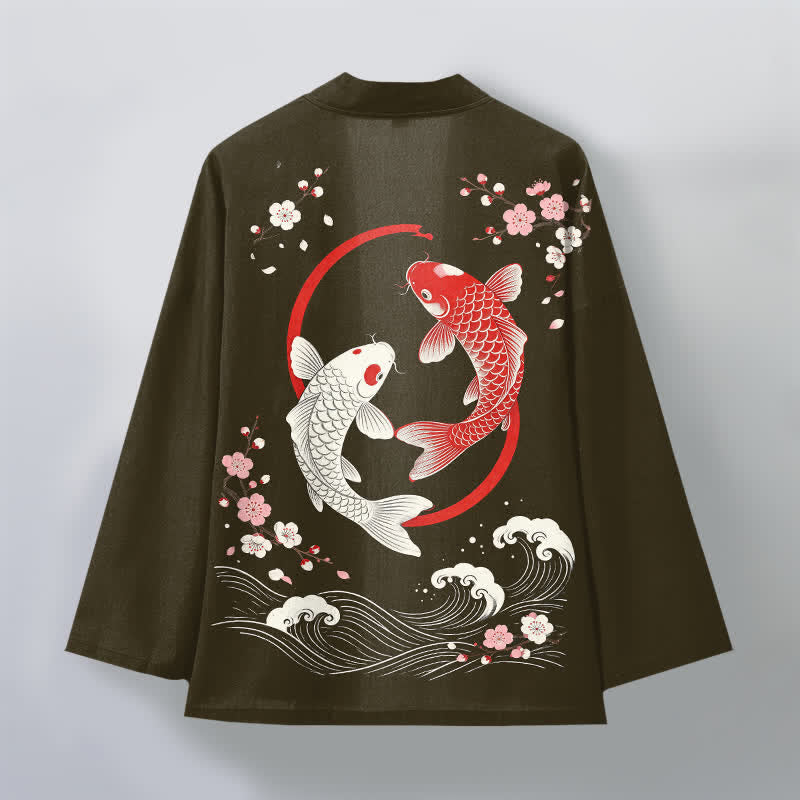 Buddha Stones Cotton Twin Koi Sakura Waves Pattern Open Front Men's Kimono - image 8