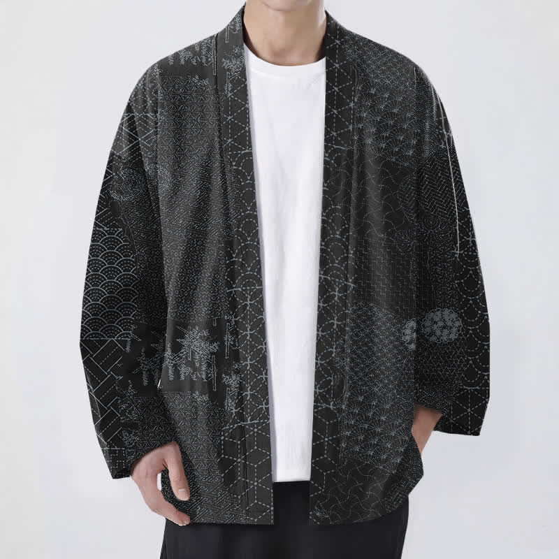 Buddha Stones Cotton Seigaiha Asanoha Pattern Open Front Men's Kimono - Black - US/UK/AU48，EU58 (4XL) - image 6
