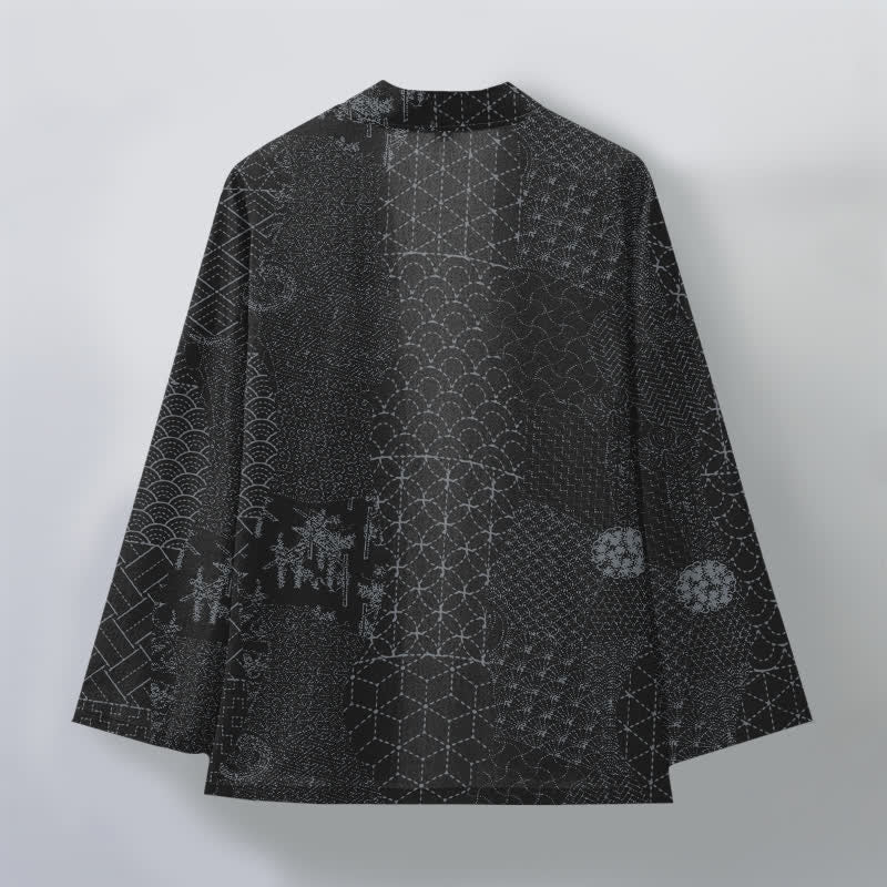 Buddha Stones Cotton Seigaiha Asanoha Pattern Open Front Men's Kimono - image 8