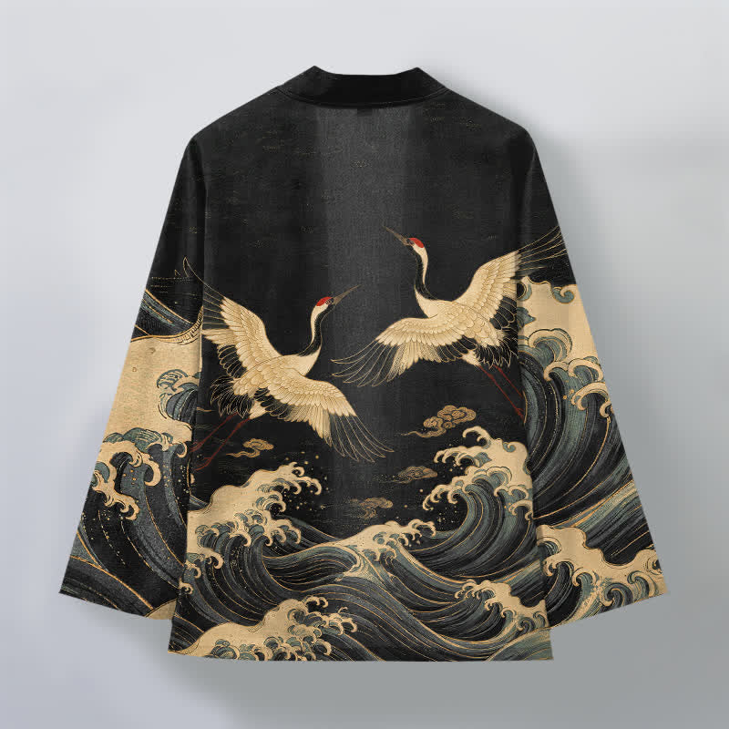 Buddha Stones Cotton Golden Crane Rolling Waves Pattern Open Front Men's Kimono - image 2