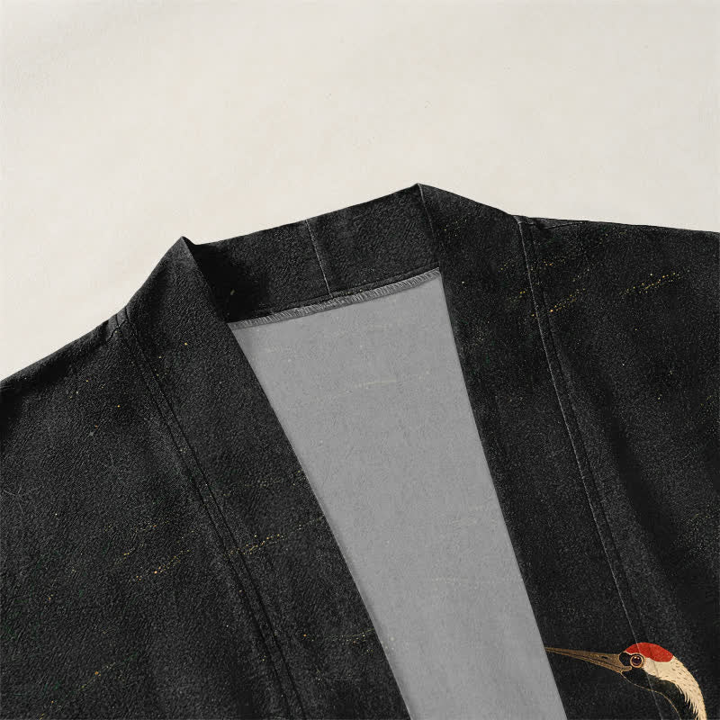 Buddha Stones Cotton Golden Crane Rolling Waves Pattern Open Front Men's Kimono - image 3