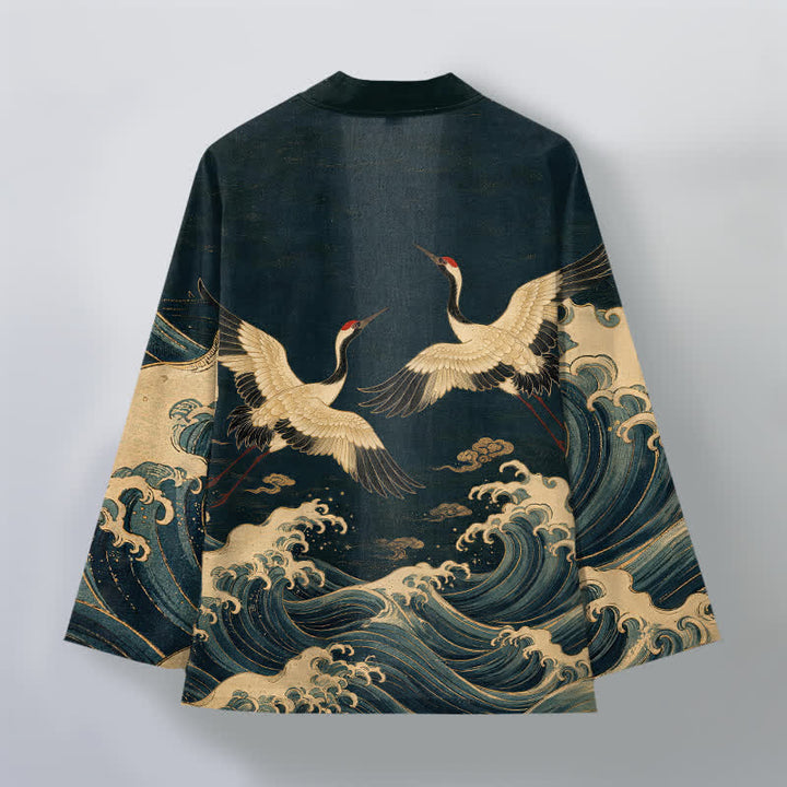 Buddha Stones Cotton Golden Crane Rolling Waves Pattern Open Front Men's Kimono - image 8