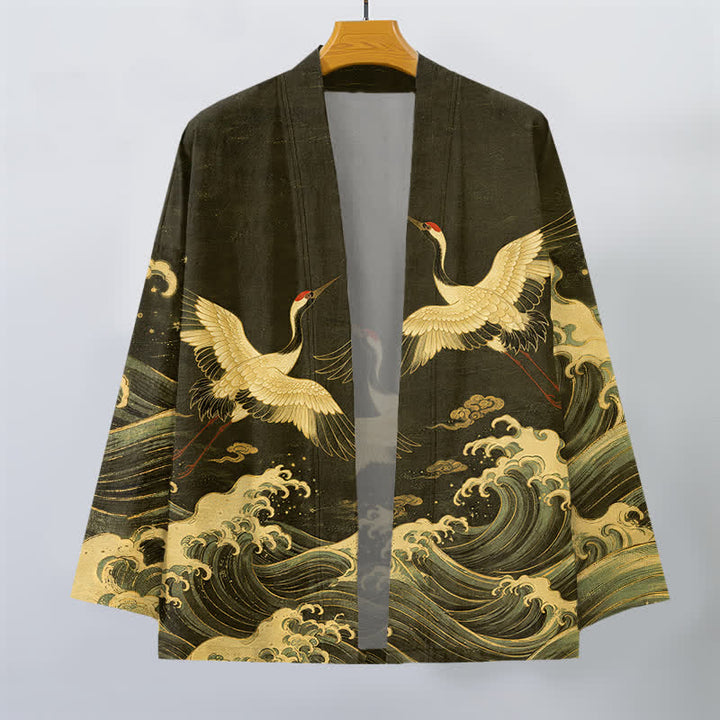 Buddha Stones Cotton Golden Crane Rolling Waves Pattern Open Front Men's Kimono - image 10