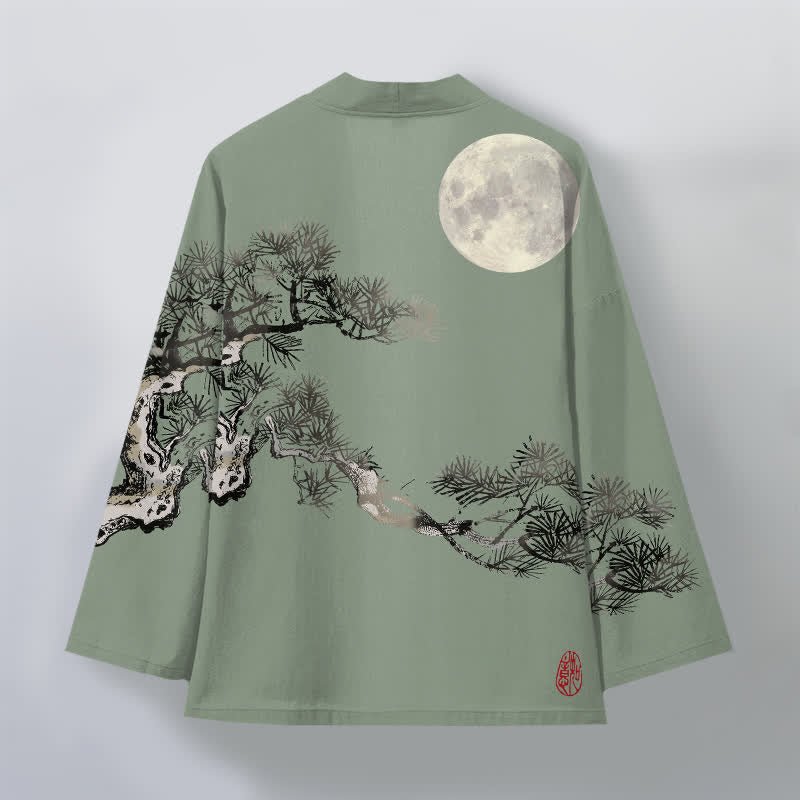 Buddha Stones Cotton Full Moon Pine Tree Pattern Open Front Men's Kimono - image 11