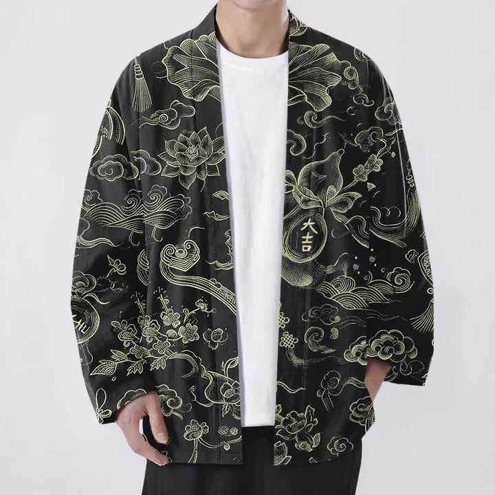 Buddha Stones Cotton Lotus Cloud Linework Pattern Open Front Men's Kimono - Black - US/UK/AU48，EU58 (4XL) - image 0