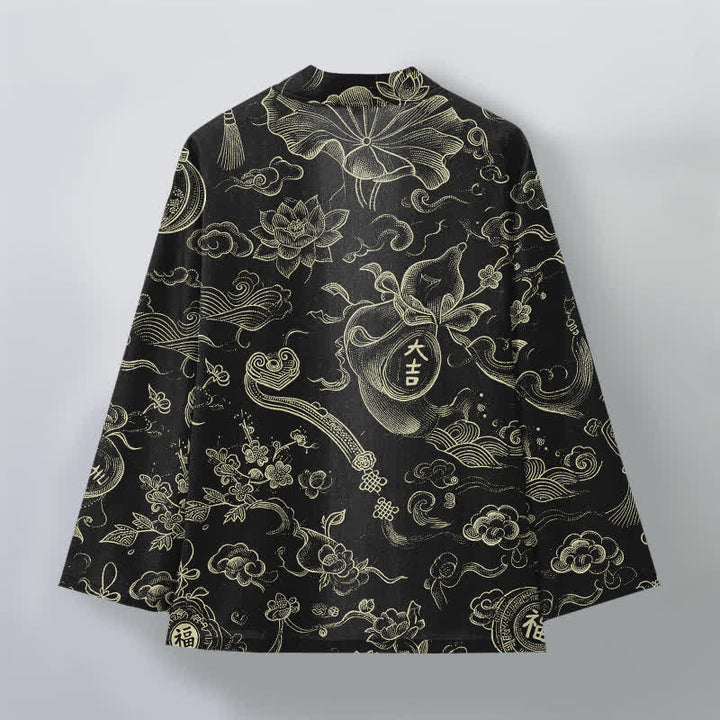 Buddha Stones Cotton Lotus Cloud Linework Pattern Open Front Men's Kimono - image 2