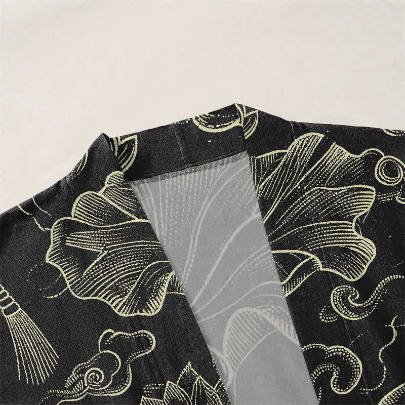 Buddha Stones Cotton Lotus Cloud Linework Pattern Open Front Men's Kimono - image 3