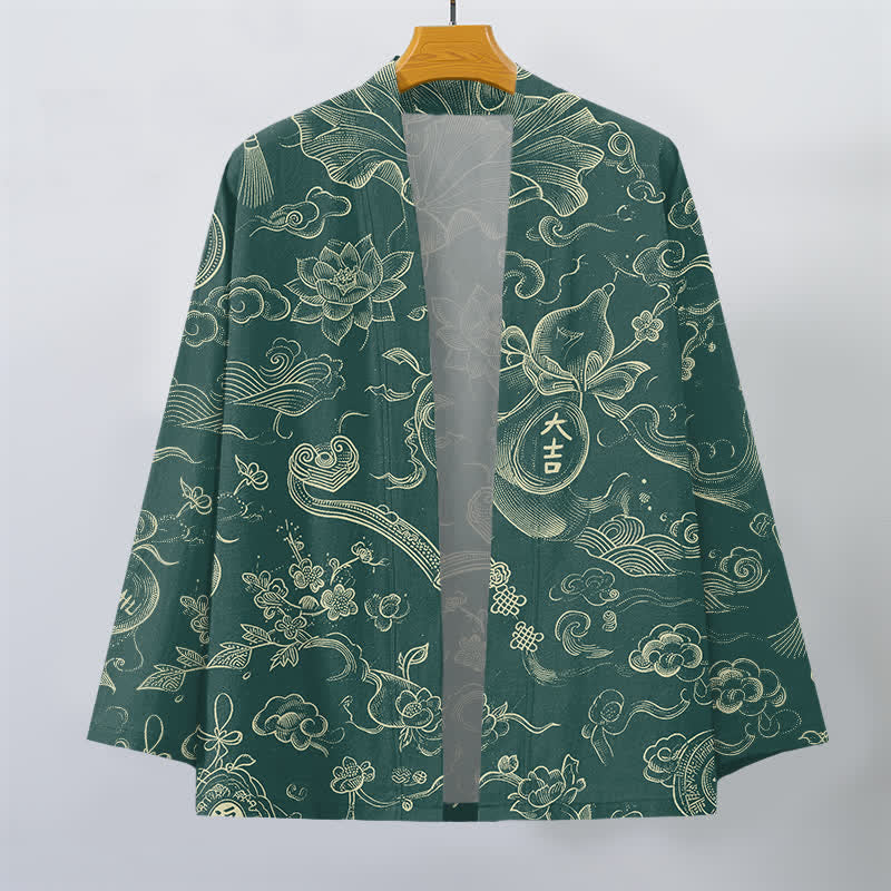 Buddha Stones Cotton Lotus Cloud Linework Pattern Open Front Men's Kimono - image 7