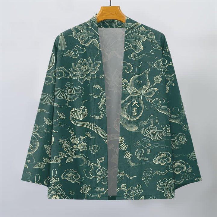 Buddha Stones Cotton Lotus Cloud Linework Pattern Open Front Men's Kimono - image 7