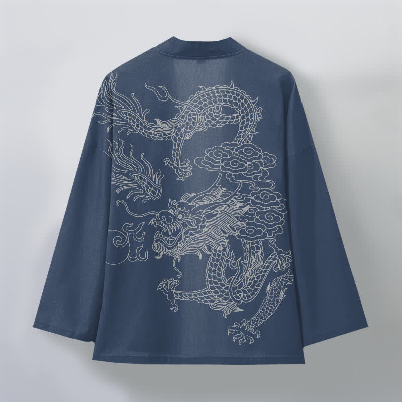 Buddha Stones Cotton White Dragon Cloud Pattern Open Front Men's Kimono - image 2