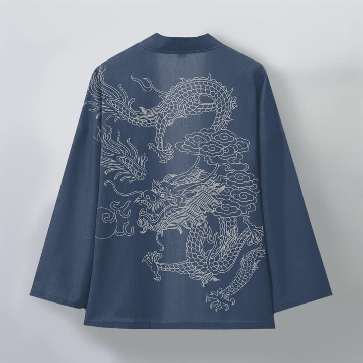 Buddha Stones Cotton White Dragon Cloud Pattern Open Front Men's Kimono - image 2