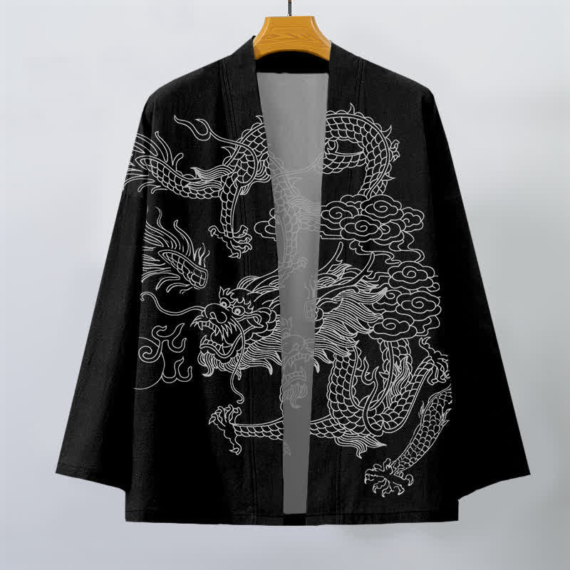 Buddha Stones Cotton White Dragon Cloud Pattern Open Front Men's Kimono - image 10