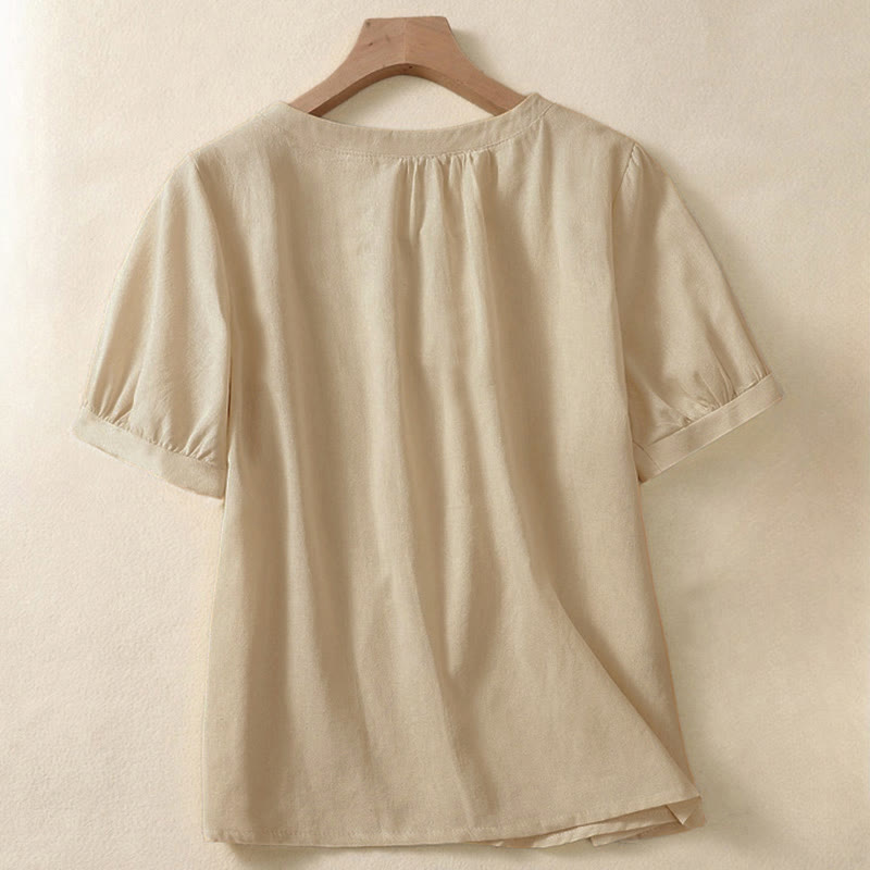 Buddha Stones Casual Women's Plain Crew Neck Button Design Half Sleeve Linen Shirt - image 1
