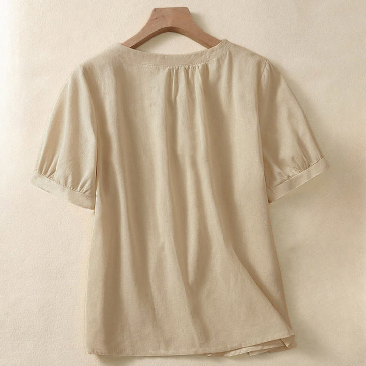 Buddha Stones Casual Women's Plain Crew Neck Button Design Half Sleeve Linen Shirt - image 1