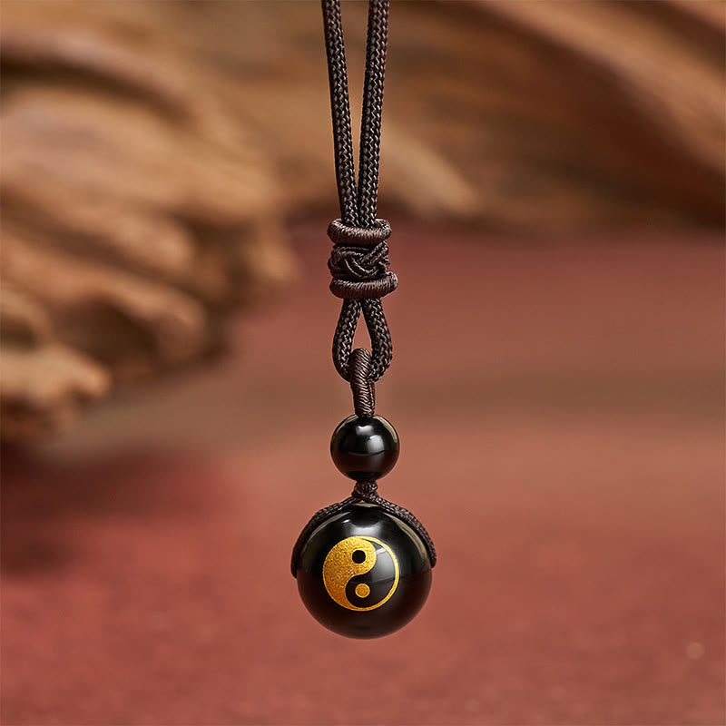 Buddha Stones Black Obsidian Carved Purification Yin Yang Necklace Pendant - Yin Yang Gold-stamped Pattern - 26.8 in / 68 cm - image 6
