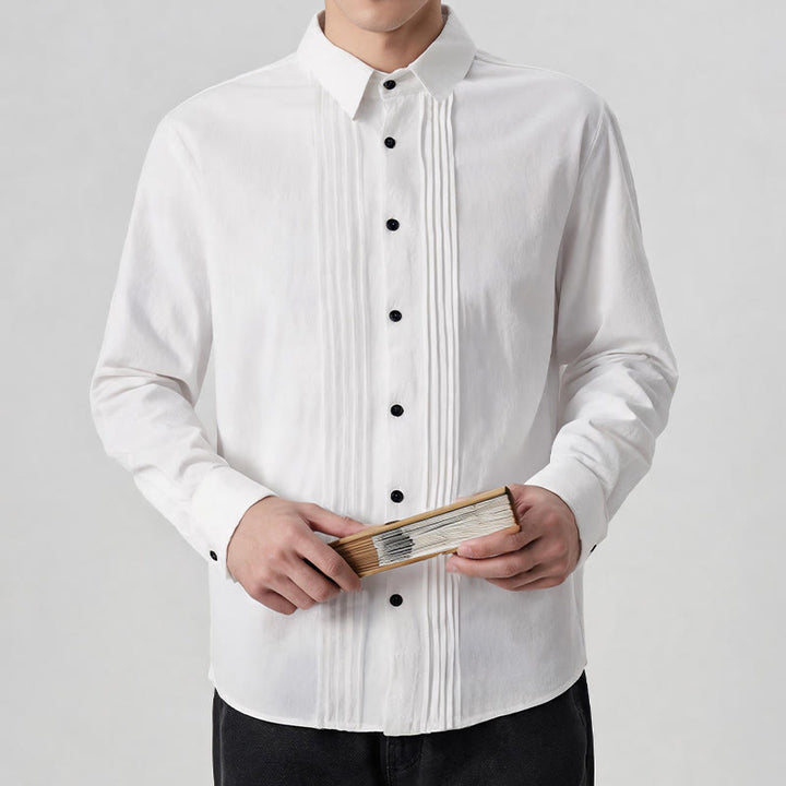 Buddha Stones Spring Minimalist Pintuck Button-Up Solid Men's Long Sleeve Shirts - image 2