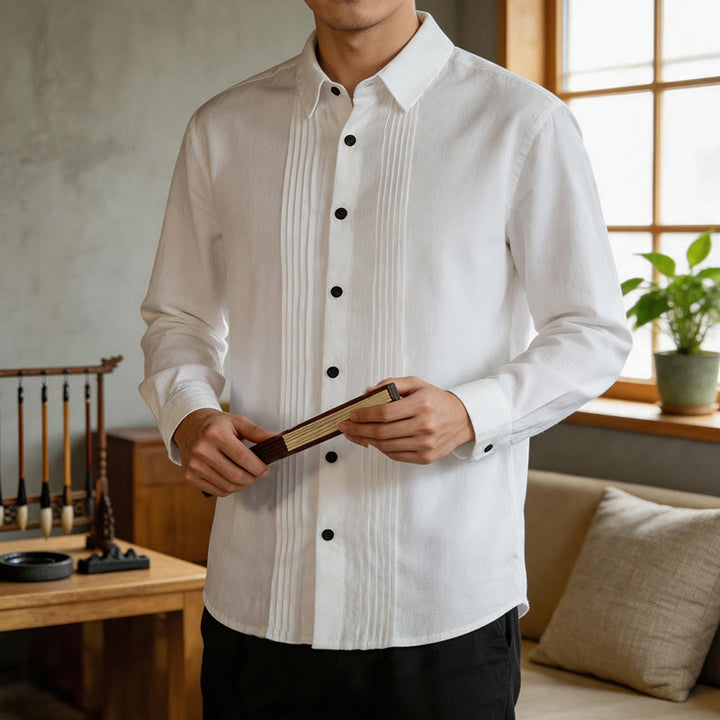 Buddha Stones Spring Minimalist Pintuck Button-Up Solid Men's Long Sleeve Shirts - White - US/UK/AU46, EU56 (5XL) - image 0