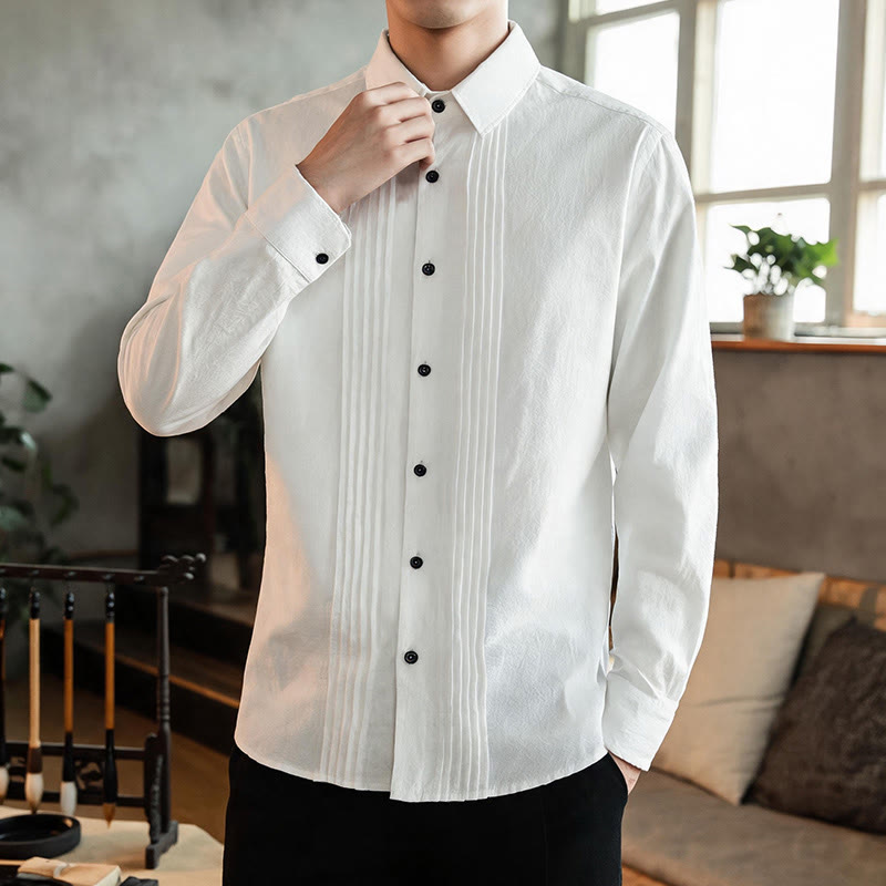 Buddha Stones Spring Minimalist Pintuck Button-Up Solid Men's Long Sleeve Shirts - image 1