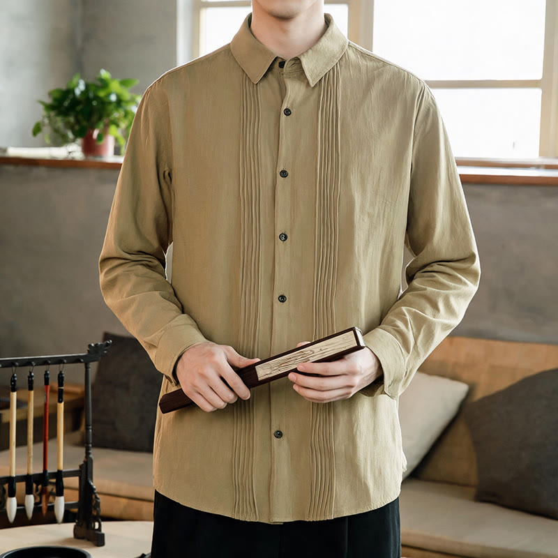 Buddha Stones Spring Minimalist Pintuck Button-Up Solid Men's Long Sleeve Shirts - Tan - US/UK/AU46, EU56 (5XL) - image 14