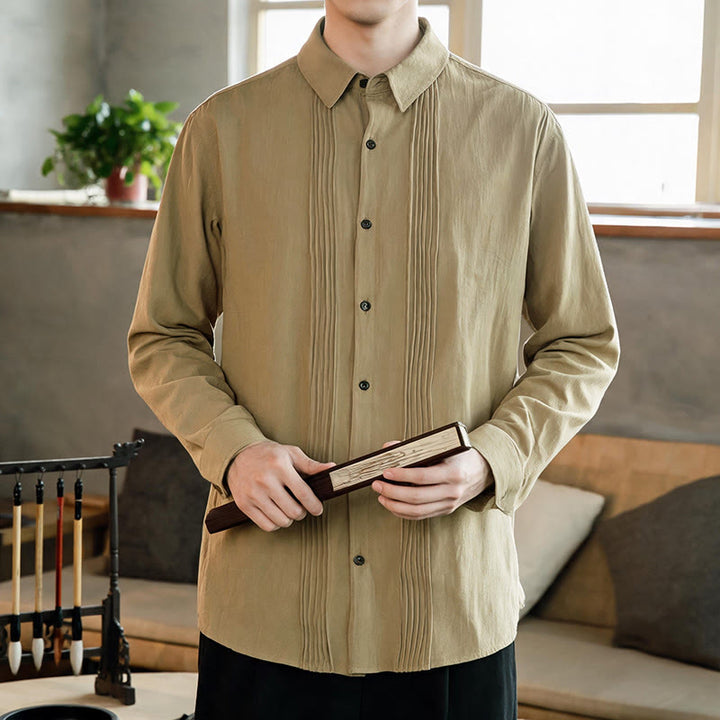 Buddha Stones Spring Minimalist Pintuck Button-Up Solid Men's Long Sleeve Shirts - Tan - US/UK/AU46, EU56 (5XL) - image 14