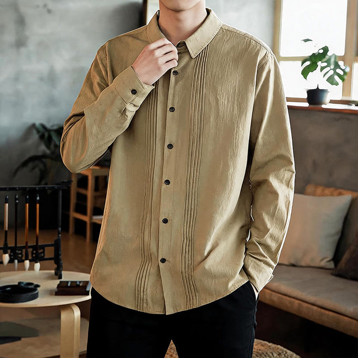 Buddha Stones Spring Minimalist Pintuck Button-Up Solid Men's Long Sleeve Shirts - image 15