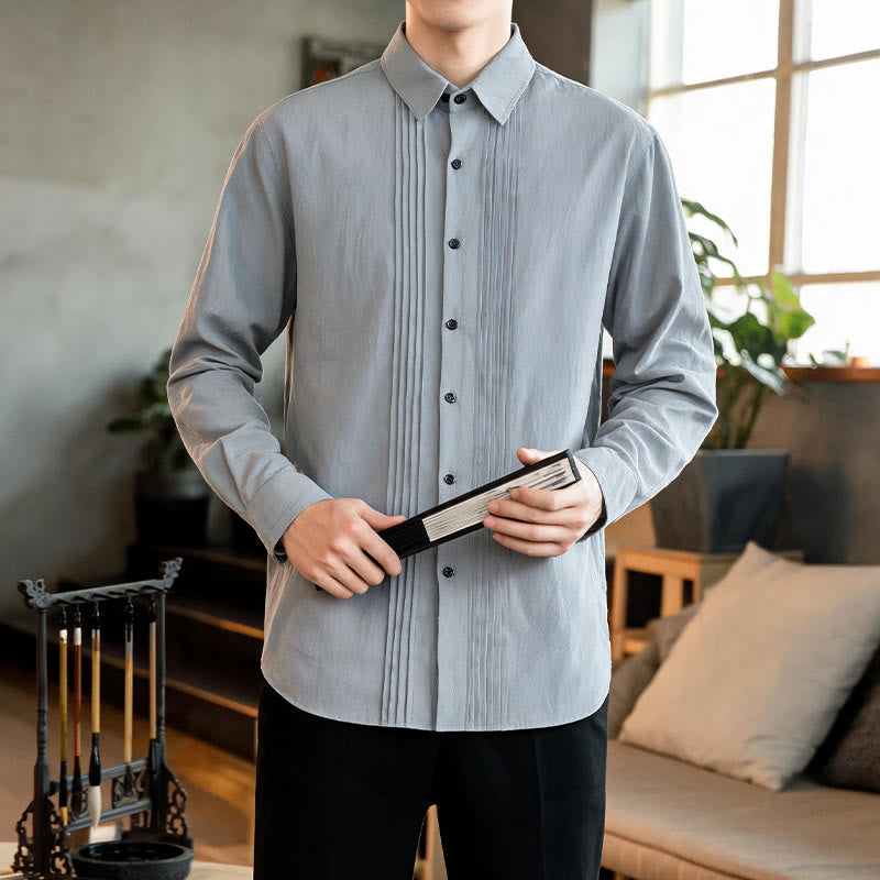 Buddha Stones Spring Minimalist Pintuck Button-Up Solid Men's Long Sleeve Shirts - image 21