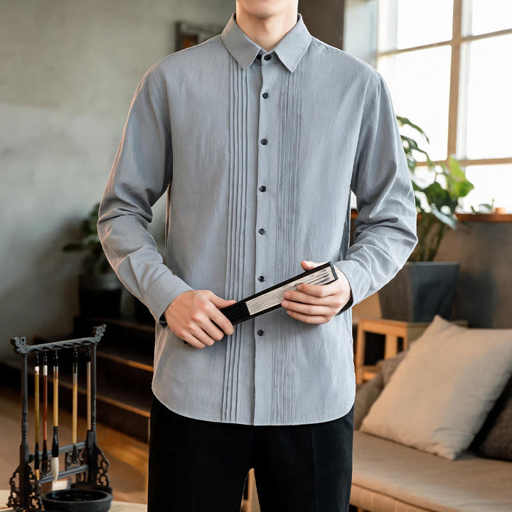 Buddha Stones Spring Minimalist Pintuck Button-Up Solid Men's Long Sleeve Shirts - image 21