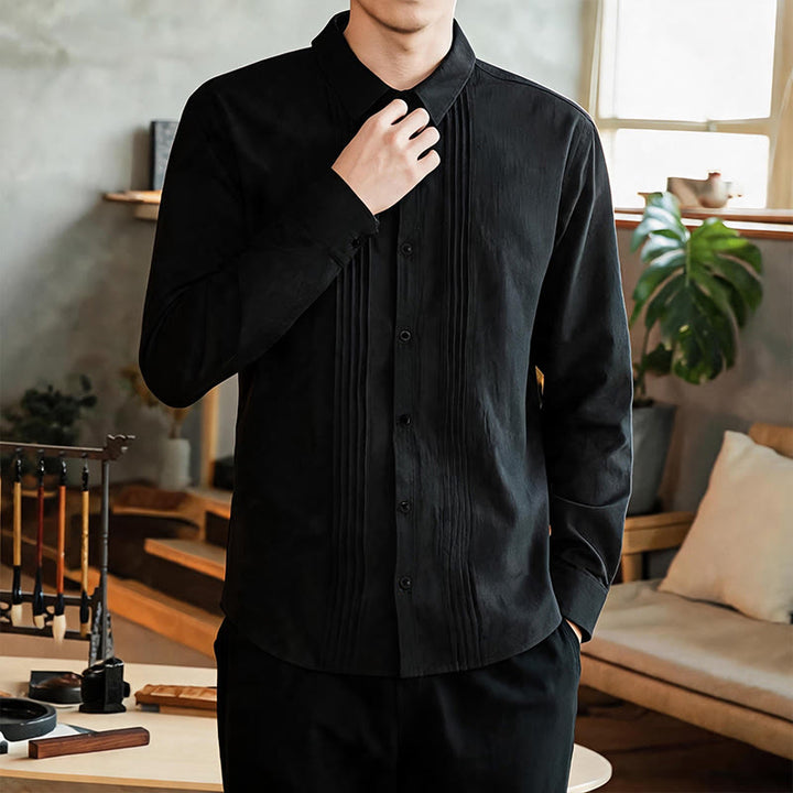 Buddha Stones Spring Minimalist Pintuck Button-Up Solid Men's Long Sleeve Shirts - image 8
