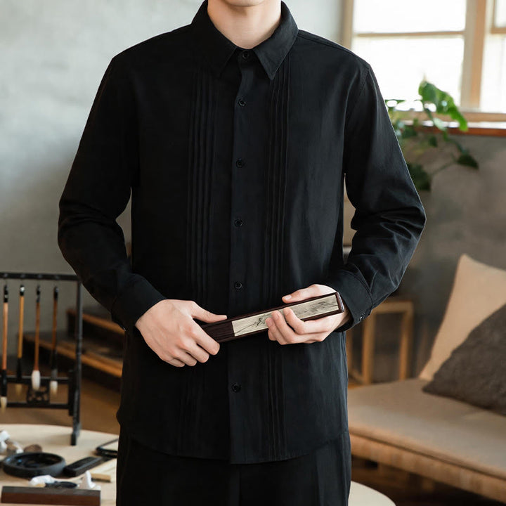 Buddha Stones Spring Minimalist Pintuck Button-Up Solid Men's Long Sleeve Shirts - Black - US/UK/AU46, EU56 (5XL) - image 7