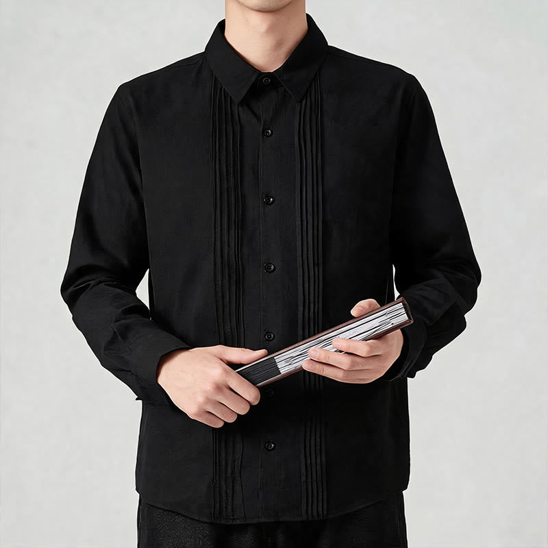 Buddha Stones Spring Minimalist Pintuck Button-Up Solid Men's Long Sleeve Shirts - image 9